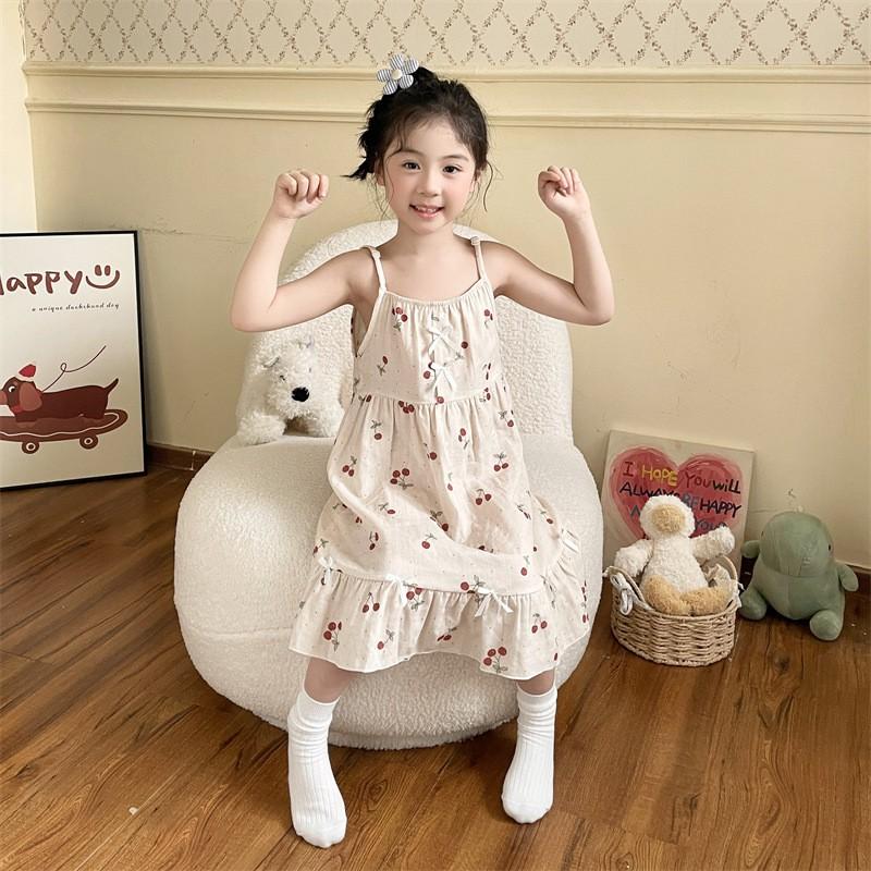 Girls Cotton Gauze Nightdress Sleeveless Sleepwear Cartoon Print Lightweight Home Dress Kids