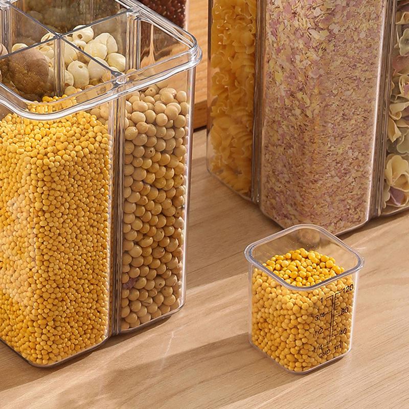1pc Grain Storage Tank 4 Grids Grains Sealed Jar Large Capacity Transparent Rice Storage Container with Cup Kitchen Storage Jar
