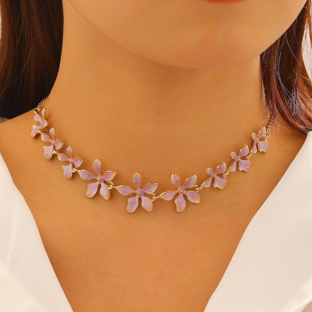 Colorful Geometric Enamel Flower Necklace & Bracelet Set for Women