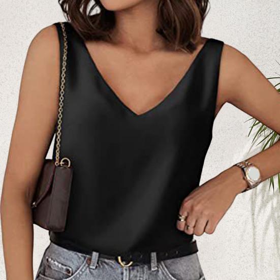 Women Tank Top V-neck Solid Color Sleeveless Low-cut Loose Daily Wear Pullover Satin Women Summer Vest Women Clothes