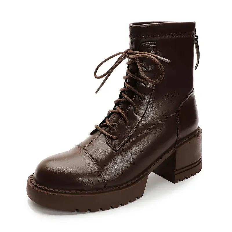 Fashion Women's Platform High Heel 2025 Autumn and Winter New Thick Heel Lace-up I British Style Short Boots Brown Single Boots