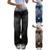 Women Jeans Mid Waist Irregular Individual Printing Retro Style Straight Wide Leg Patchwork Full Length Trousers for Vacation Travel