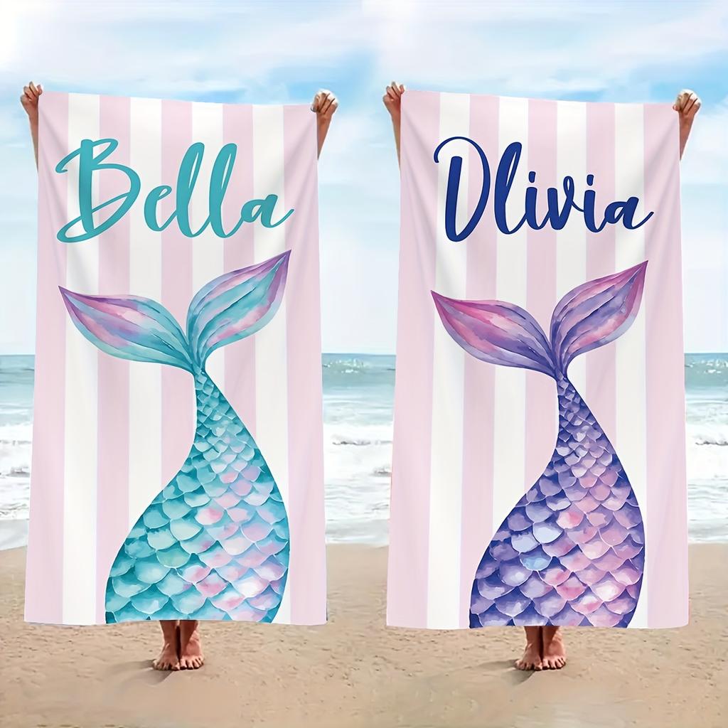 Personalized Mermaid Beach Towel Custom Name/Logo Microfiber Towel Thin Quick Dry Absorbent for Beach Swimming Yoga Bath Sports