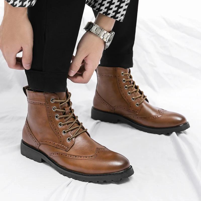 Block High Top Men Boots PU Carved Lace Up Low Heel Round Head Classic Business Formal Boots Comfortable Non Slip Men Boots