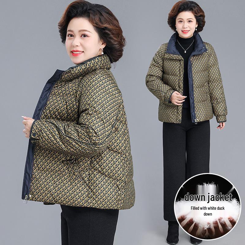 

Mom s Chic Short Plaid Down Jacket for Middle-Aged Women - Thick, Warm Winter Wear with White Duck Down. 3XL for 66-73 kg