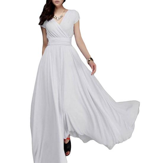 Plus Size Solid Color Women Party Suknia V Neck Krótki rękaw Slim Fit Maxi Dress