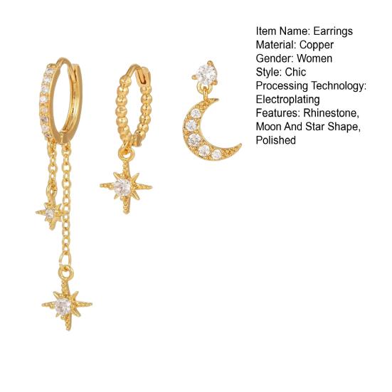 3 paia di orecchini da donna a forma di luna e stella, orecchini a cerchio in rame elettroplaccato, orecchini a bottone con strass, per feste di ballo e appuntamenti
