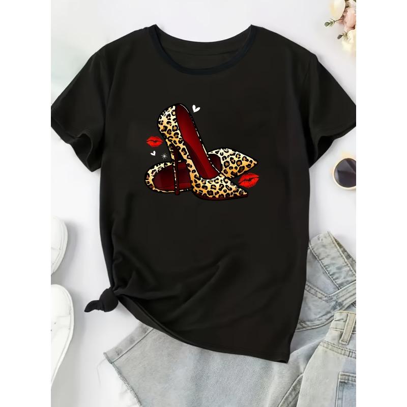 

European Size Womens Leopard High-heel Shoes Print T Shirt Crew Neck Short Sleeve Casual Spring Summer Wear Top 4XL чорний