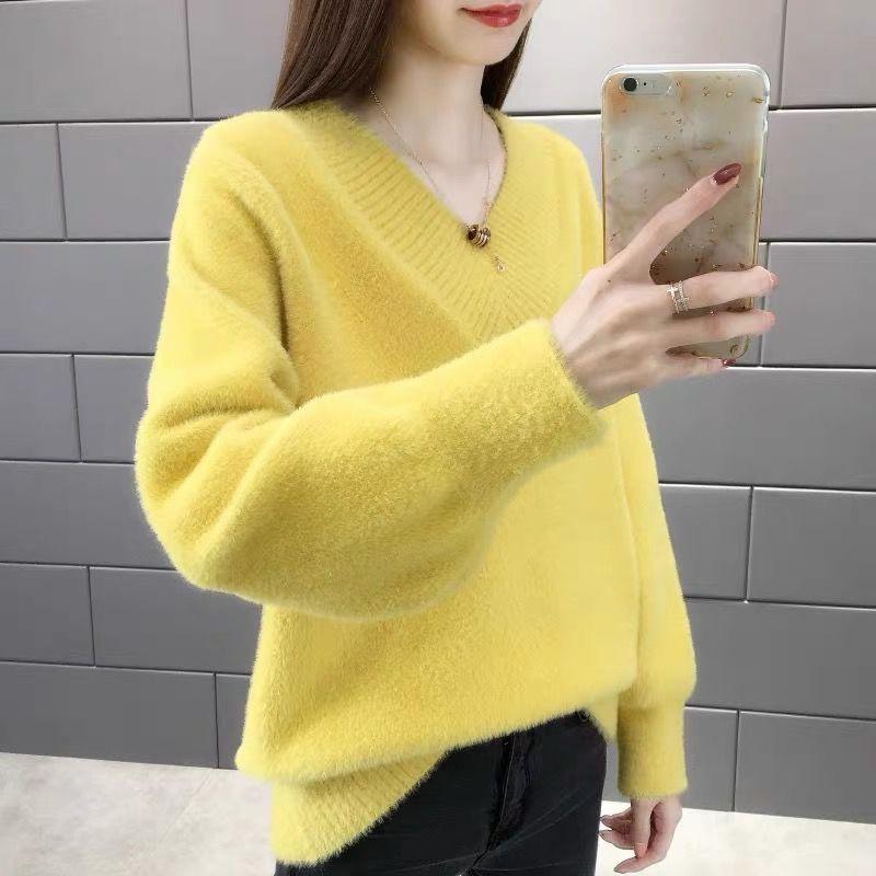 Norkový fleecový svetr Dámské oblečení na podzim a zimu 2023 Nový svetr s volným výstřihem do V a dlouhým rukávem Pletený svetr
