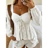 Women V Neck Puff Sleeve Waist Ruffle Hem Long Sleeve Shirt