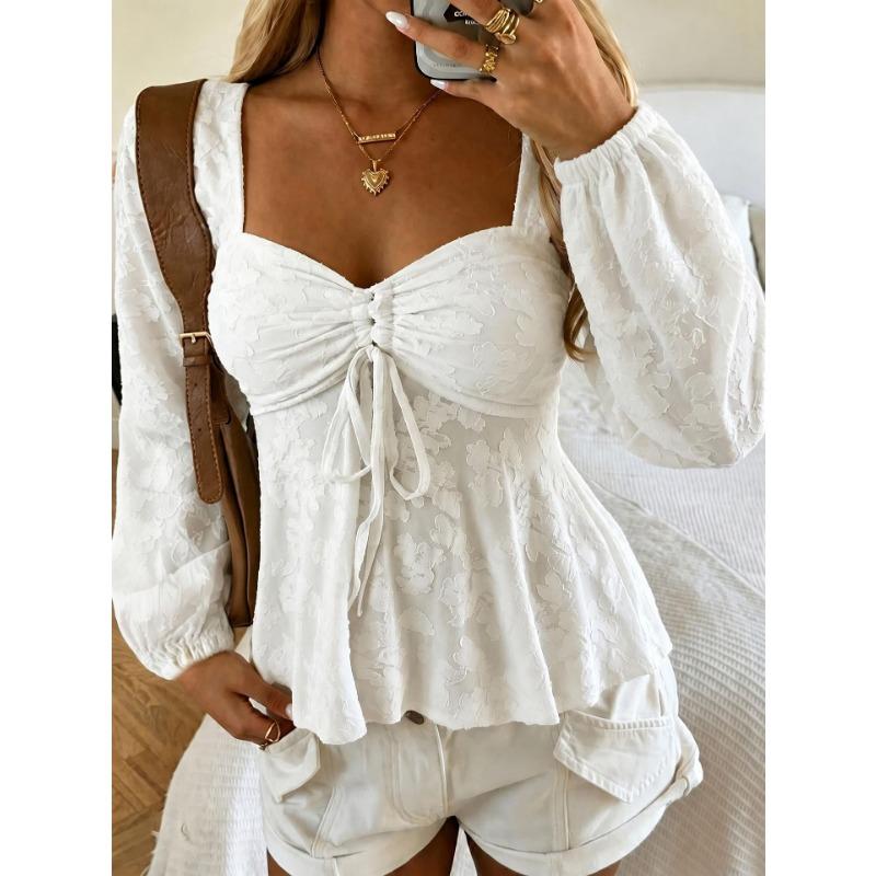 Women V Neck Puff Sleeve Waist Ruffle Hem Long Sleeve Shirt