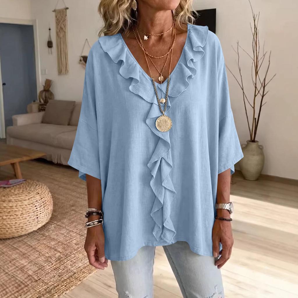 Women's Color Ruffle V-Neck Casual Three-Quarter Sleeve Blouse