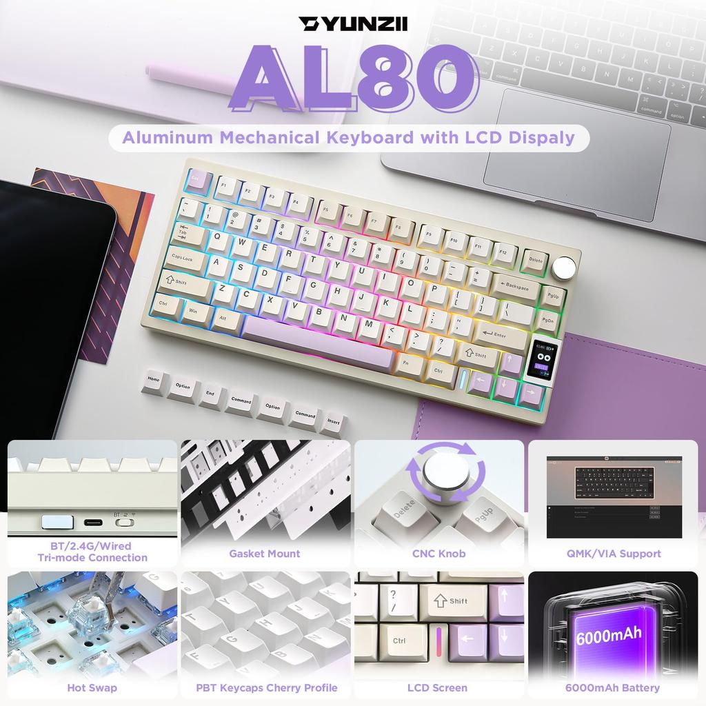 YUNZII AL80 Tastatură Mecanică Wireless de Gaming Trei Aluminiu CNC Complet LCD Hot Gasket cu Standarde Tehnice Aprobate Zero Linear, Tastatură, 75%