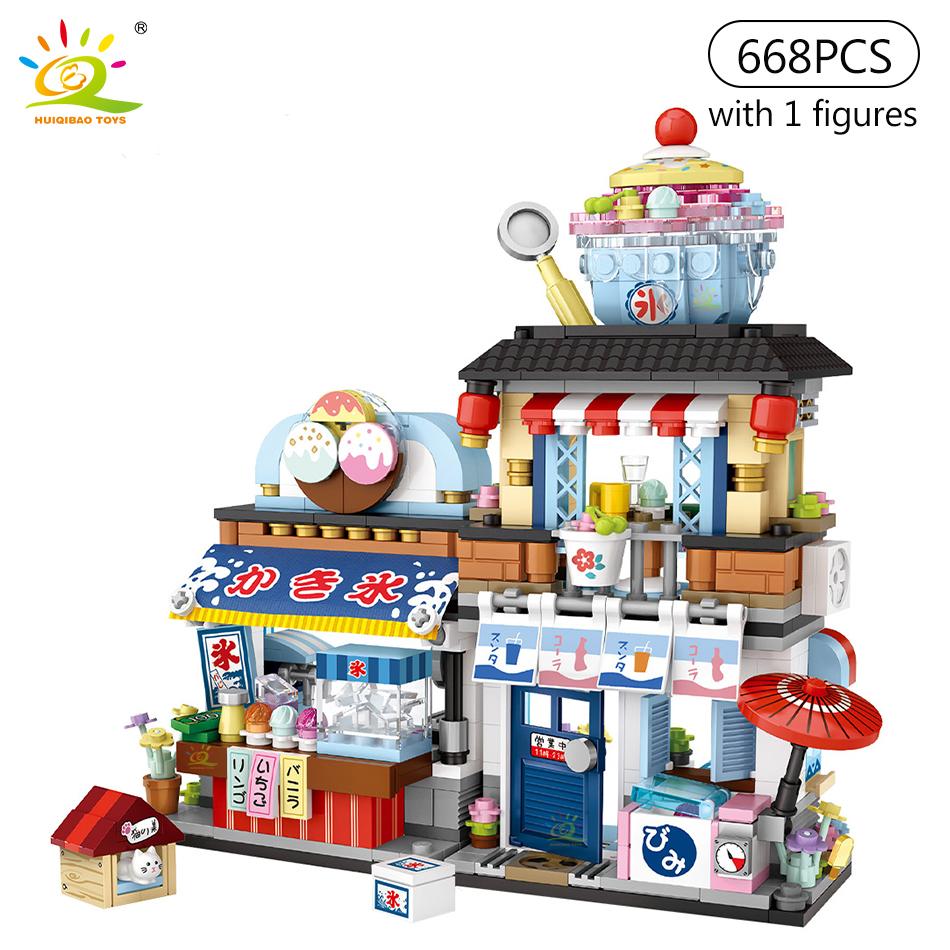 

HUIQIBAO City Mini Chinese Street View Grocery Store Meat Shop Building Blocks Japanese Food Ice Shop Figures Bricks Toys Child