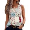 Women Sleeveless U Neck Button Detail Floral Print Casual Tank Top Lightweight Summer Blouse Patchwork Design