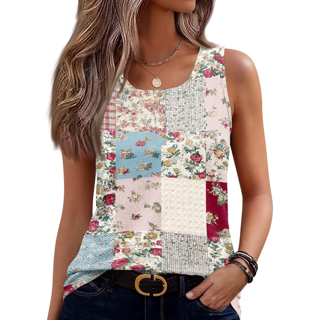 Women Sleeveless U Neck Button Detail Floral Print Casual Tank Top Lightweight Summer Blouse Patchwork Design