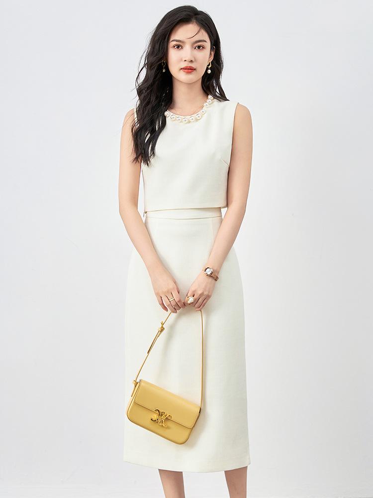 Fashion Pearl Collar Sleeveless Vest & Hip-Hugging Midi Skirt Set