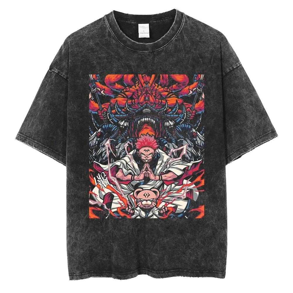 Japanese Anime Jujutsu Kaisen Men Women Oversized Washed T Shirt Streetwear Print Tshirt Casual Cotton Tee Loose Retro T-Shirt