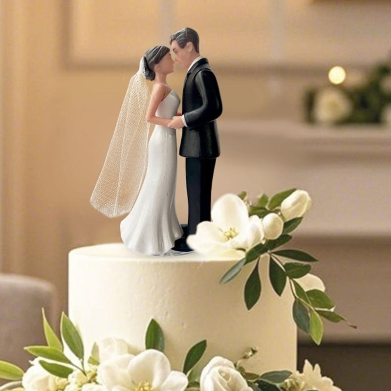 Plastic Bride Groom Cake Toppers With Realistic Tuxedo Veil Detail Wedding Cake Decoration For Formal Event Setting
