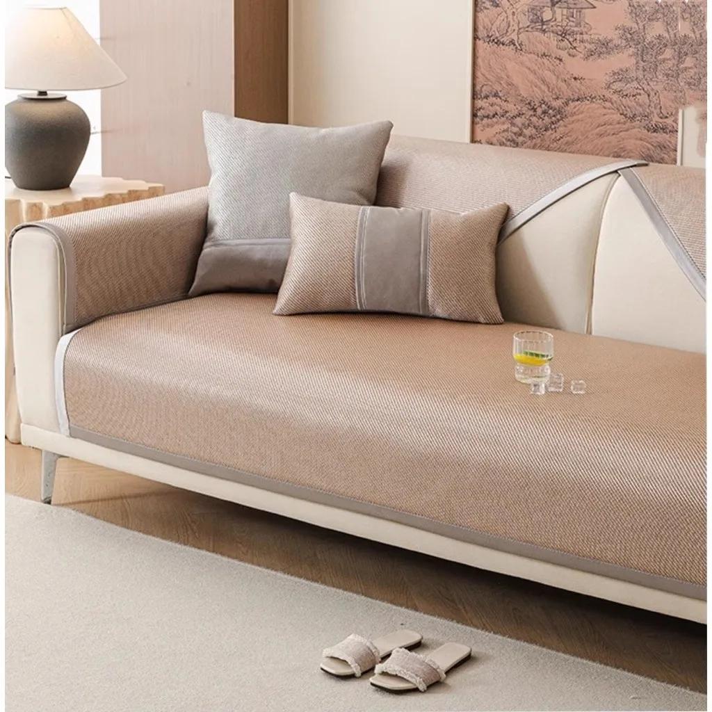 Summer Solid Color Sofa Cover Dustproof and Anti Slip Chair Rattan Mat Non-Slip Soft Cool Couch Cushion Home Decor