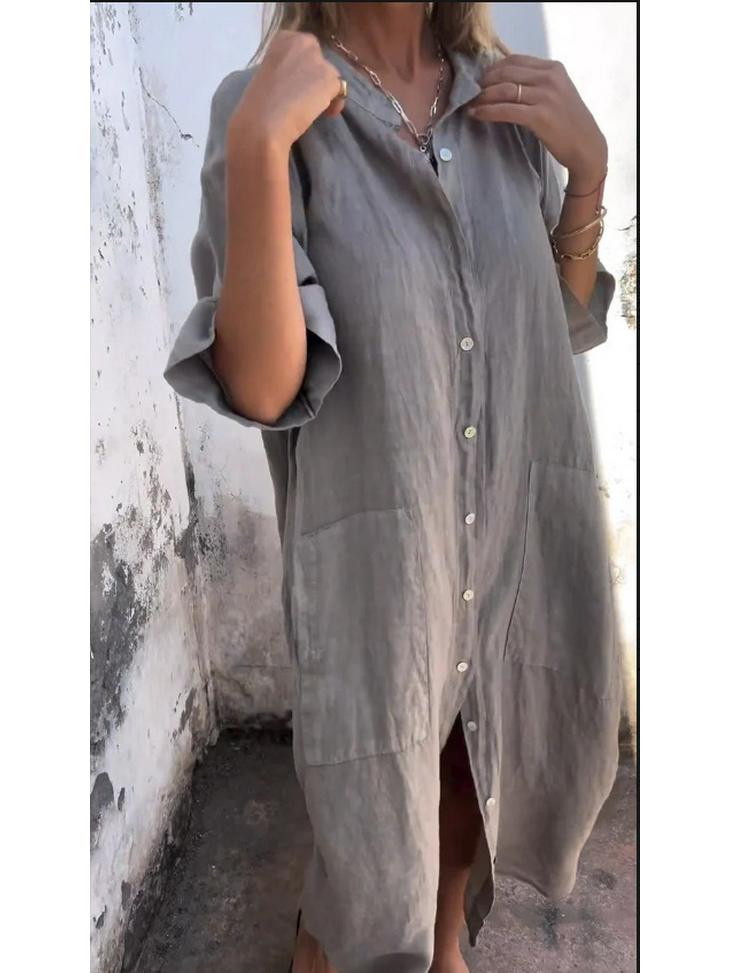 

Европейский и американский стиль Свободное платье-рубашка из хлопка и льна со средним рукавом для женщин 5XL серый