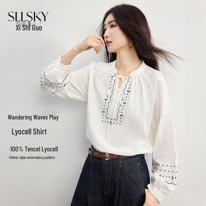 SLLSKY Women s Lyocell Bohemian Embroidered Long-Sleeve Shirt M