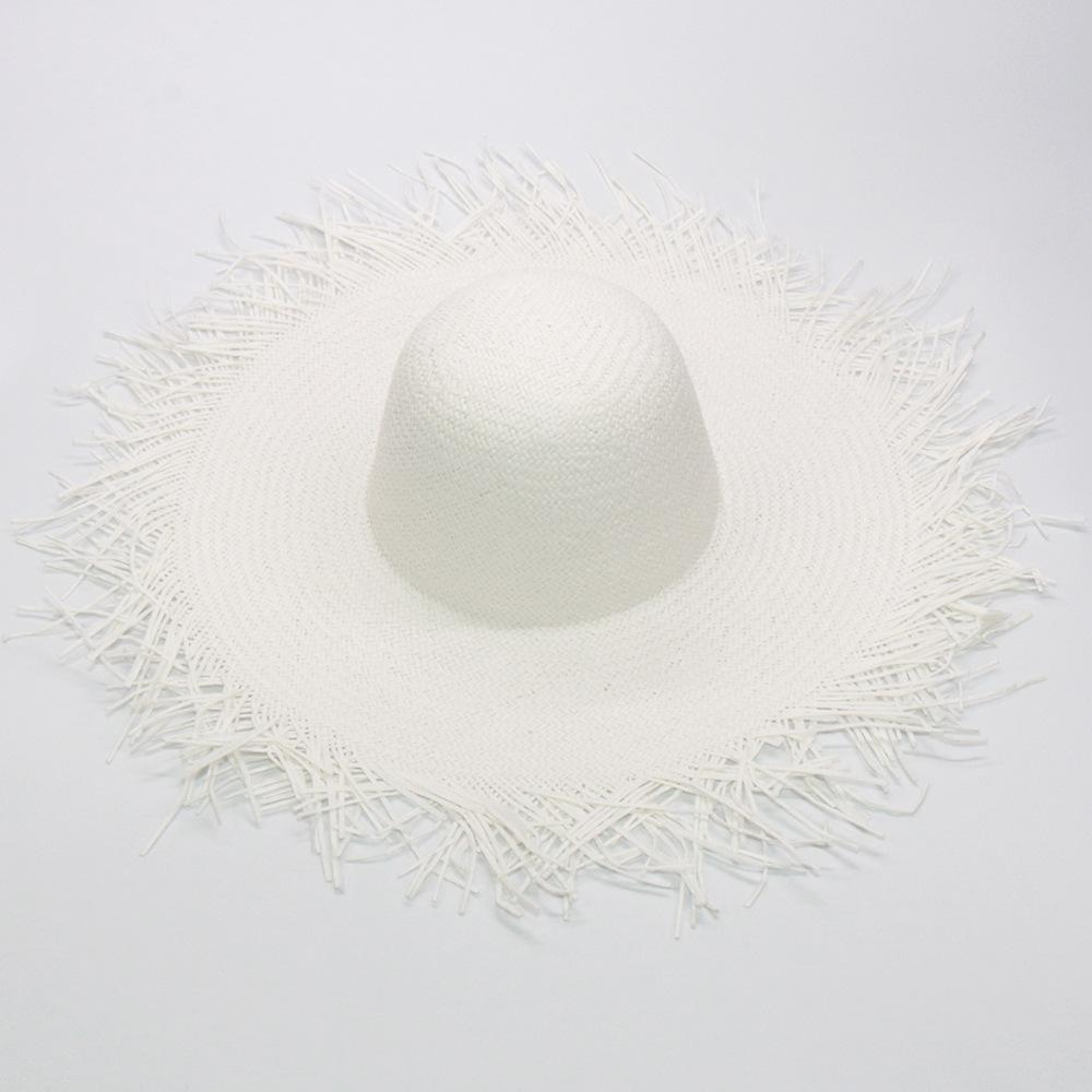 Women's wide-brimmed hat, tassel floss beach hat, foldable pure woven sun-visor, white and black paper straw round hat