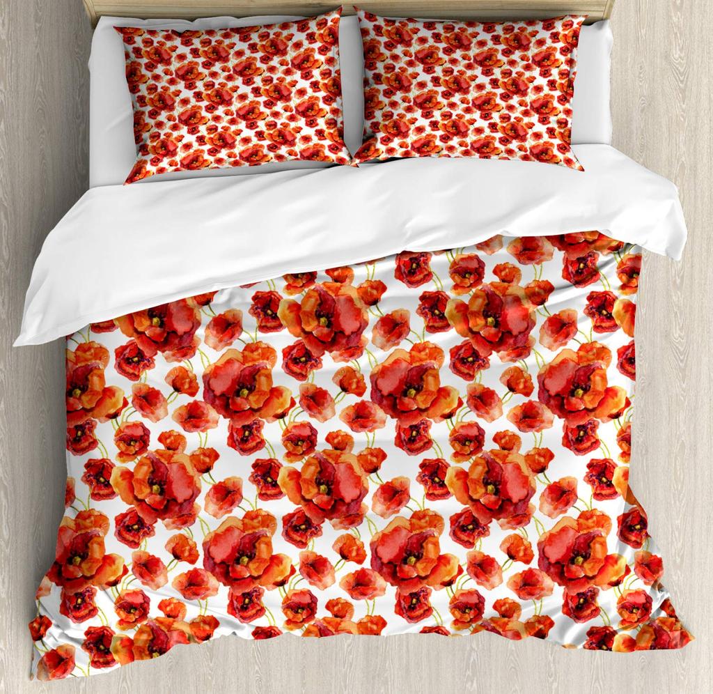 Flower Duvet Cover Set, Little Red Spring Summer Time Garden Florals Poppy Decorative 3 Piece Bedding Set with 2 Pillow Shams