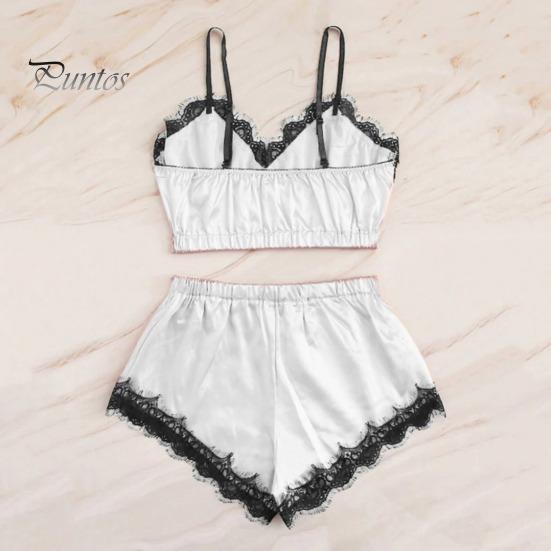 Dámský dvoudílný pyžamový set Krajkový lem Výstřih do V Cami Crop Top Šortky s elastickým pasem Ležérní bez rukávů Noční oblečení Lounge set