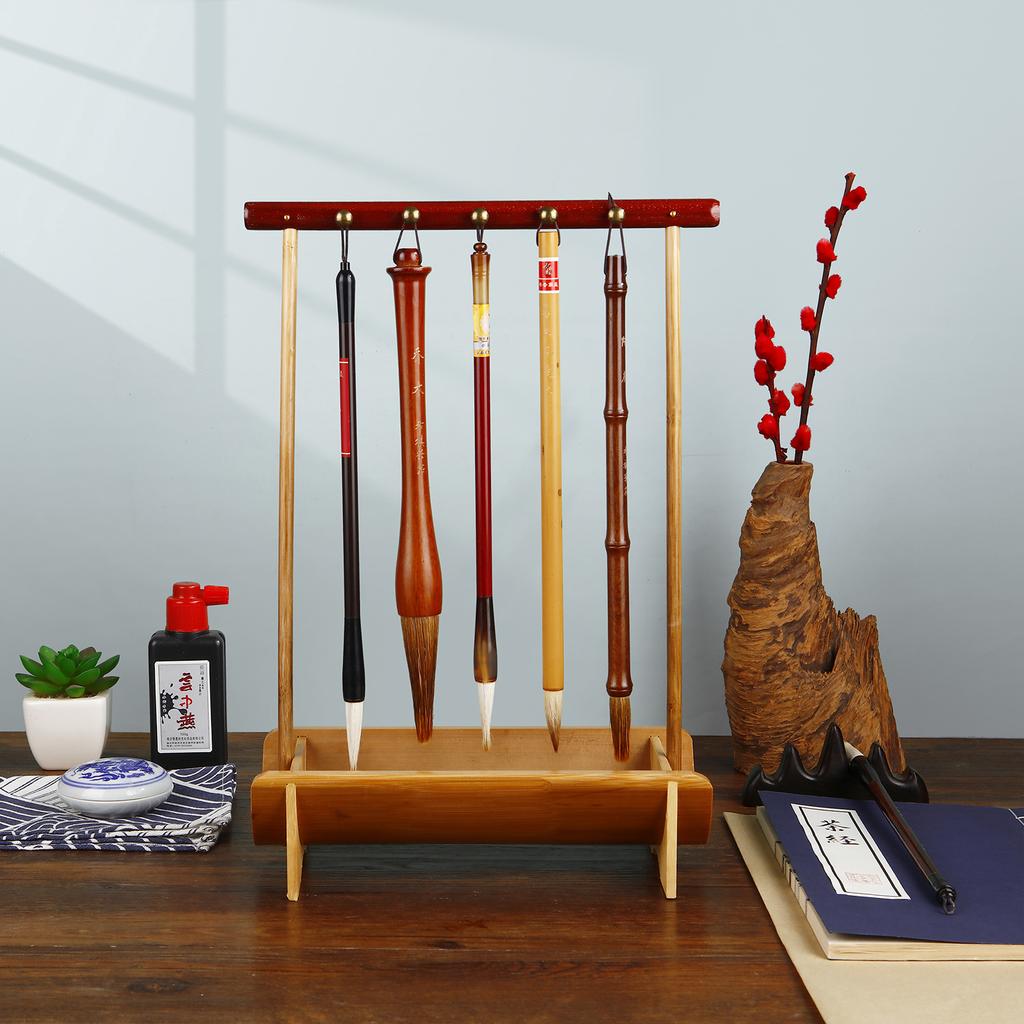 Natural Rosewood Chinese Brush Pen Holder with Bamboo Base Calligraphy Rest Ink Hanger 10 Needles Writing Brush Holder