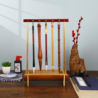 Natural Rosewood Chinese Brush Pen Holder with Bamboo Base Calligraphy Rest Ink Hanger 10 Needles Writing Brush Holder