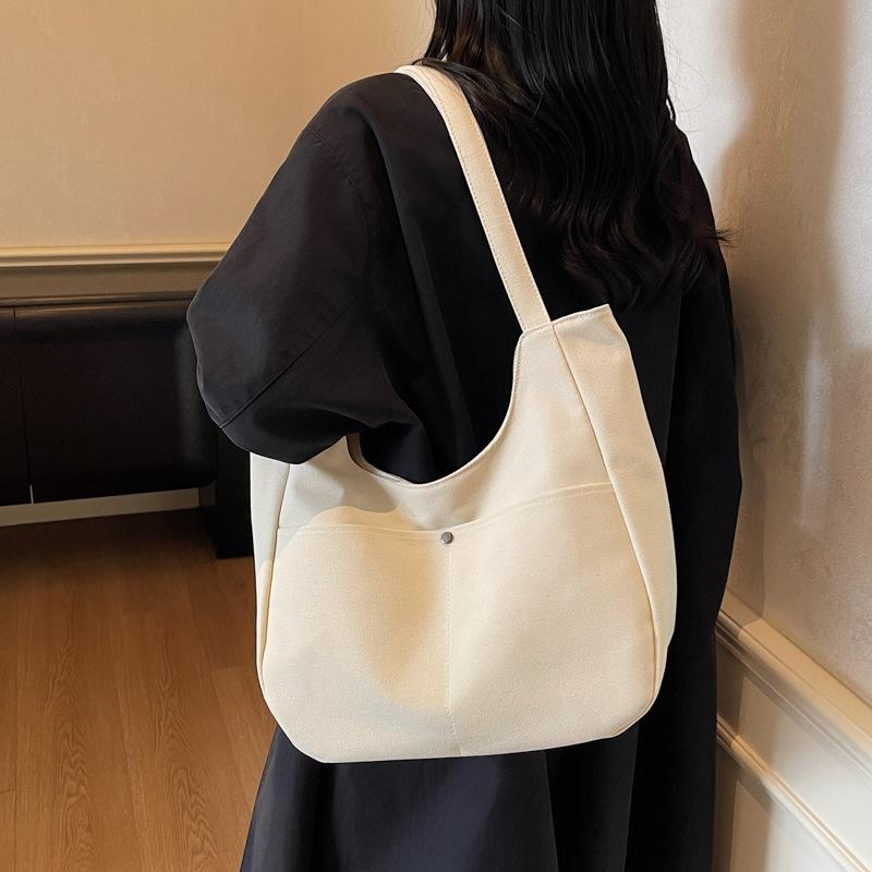 Simple minimalist style large capacity underarm canvas bag 2025 autumn new solid color tote bag embroidered shoulder bag