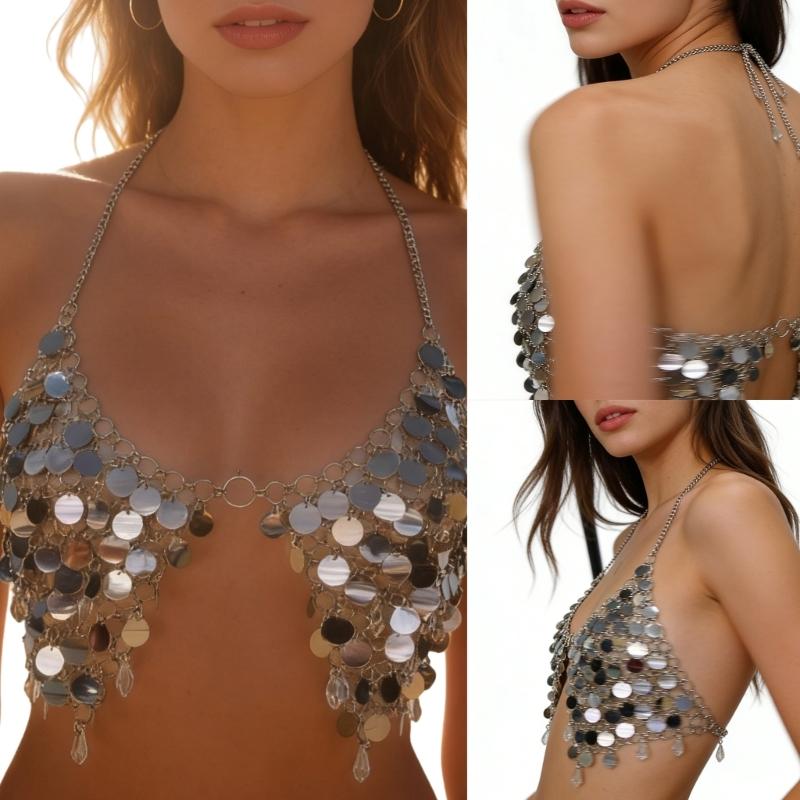 Women's Sequins Body Chain Sparkles Glitter Halter Chest Chain Fashion Bra Chain Body Jewelry Accessories Gift