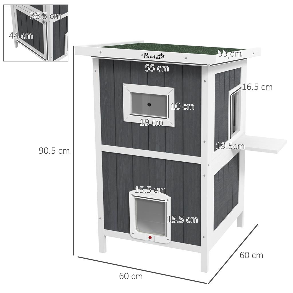 Outdoor Wooden Cat House On 2 Levels with Asphalt Roof and 4 Doors, 60x60x90.5cm, Grey