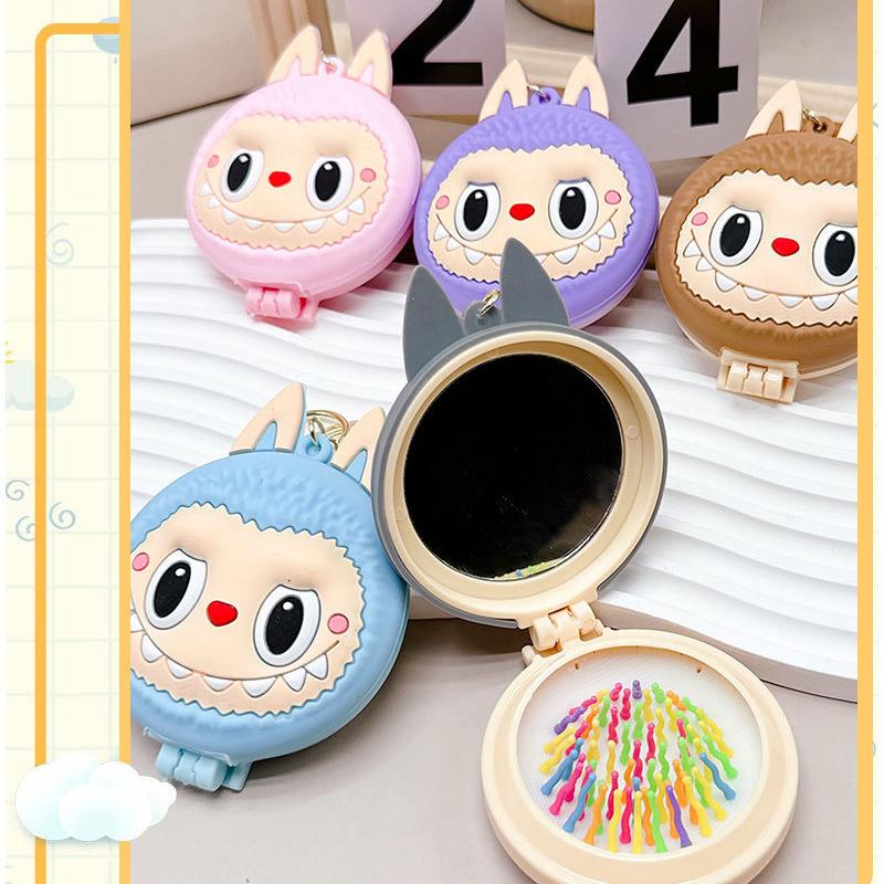 Kawaii Labubu Příšerky Klíčenky Zrcátko Hřeben Přívěsky Tři-v-jednom Multifunkční Kroužky na klíče Dívky Venkovní Přenosné Klíčenky