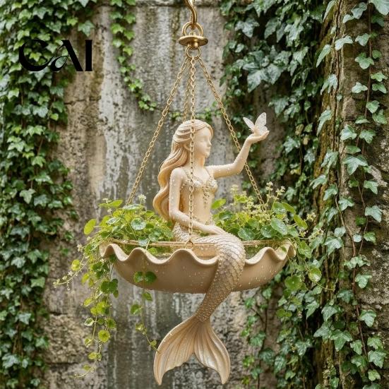 Ballet Dancer Sculpture Planter Fairy Mermaid Hanging Planter, Resin Decorative Flower Pot with Metal Chain, Garden Outdoor Indoor Patio Balcony Decor