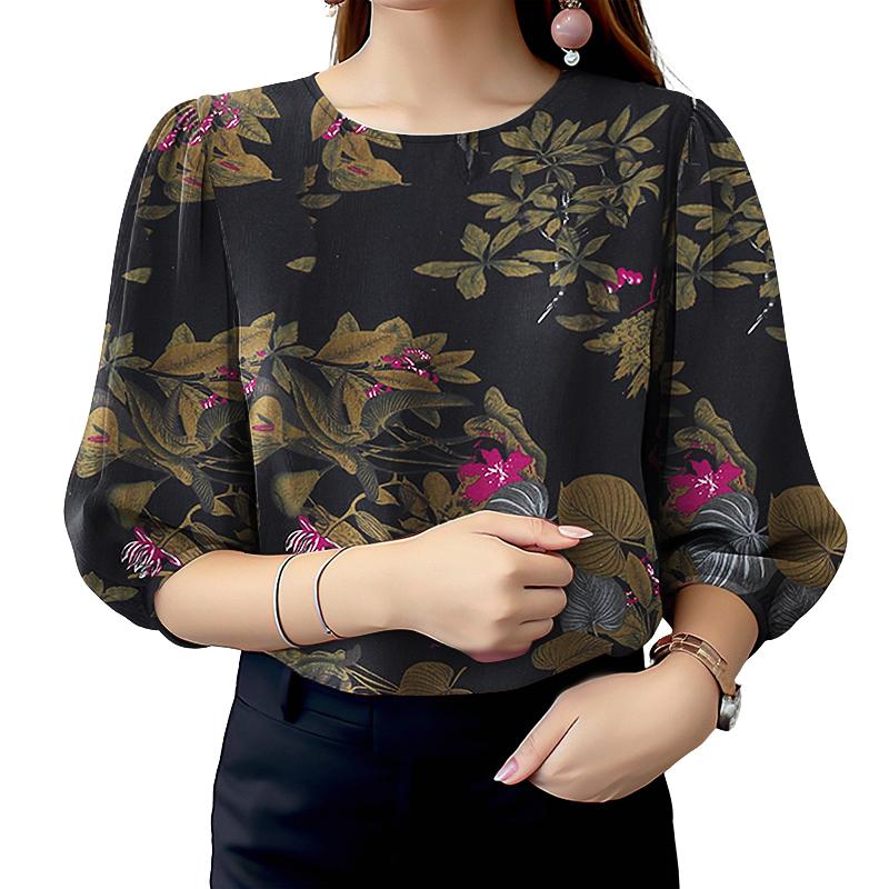 

ZANZEA Women Casual Round Neck 3/4 Sleeve Loose Floral Cotton Blouse 5XL тёмно-синий