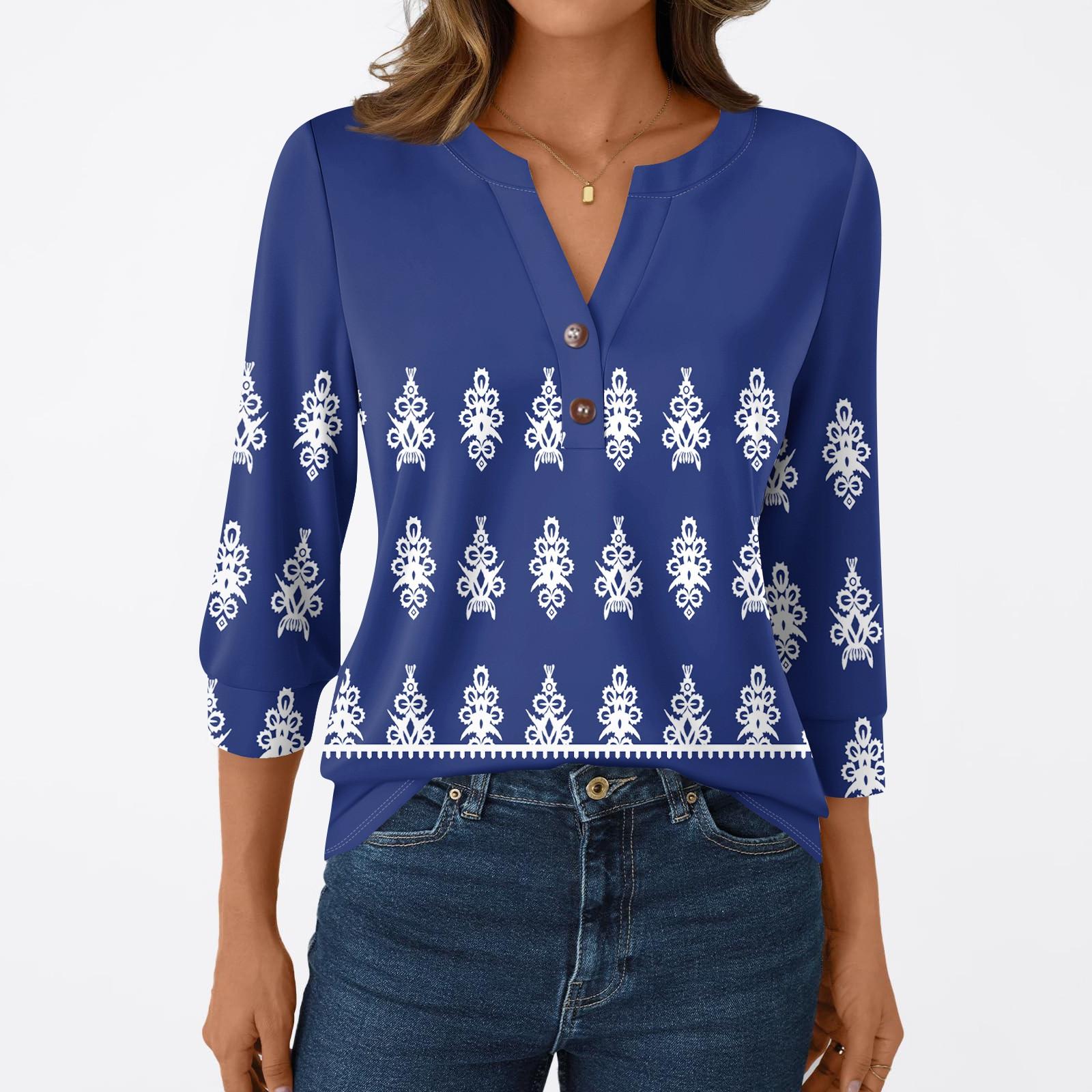 

Женская модная повседневная футболка с рукавом 3/4, с принтами, V-образным вырезом и пуговицами XXL