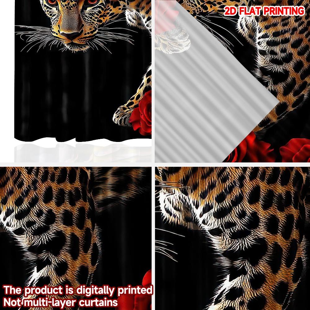 2pcs Leopard with Red Roses Curtains Digital Printing   Wild Animal Floral Pattern On Black Background for Bold Living Room Decor