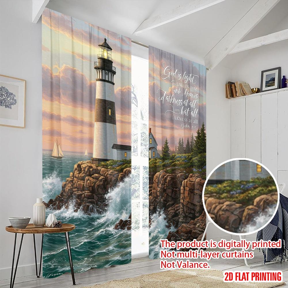 2pcs 2D Flat Printing Window Treatment Curtains Faith Lighthouse Ocean Waves Fabric Without Electricity 0 Perfect for Outdoor