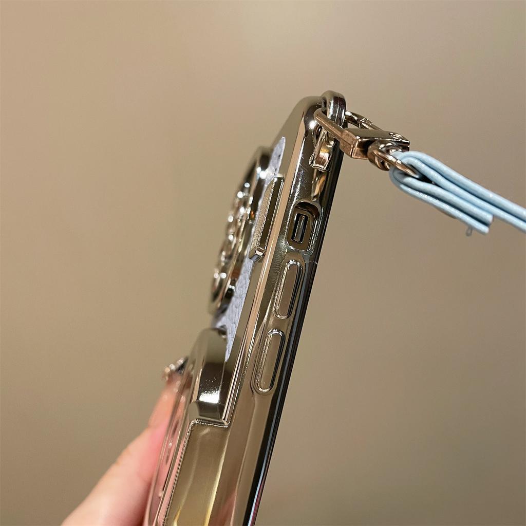 For iPhone 13 Pro Cases Camera Shaped Electroplating TPU Wholesale Phone Cover with Wrist Strap