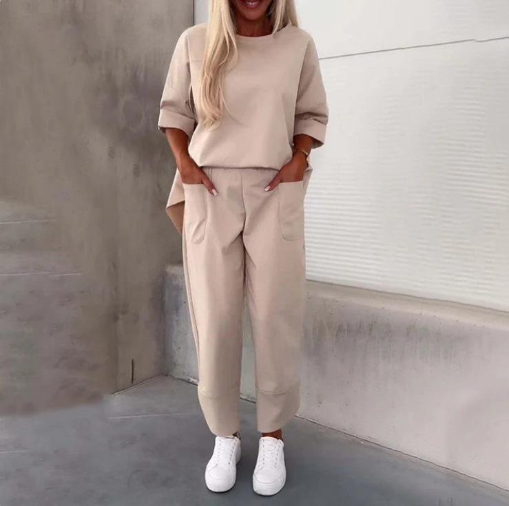 2024 European & American Women's Loose Casual Two-Piece Set: Solid Color Crew Neck Top & Nine-Point Pants for Autumn