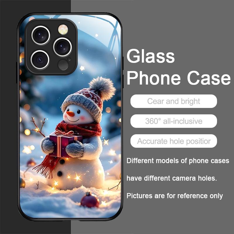 Winter Christmas Snowman Pattern Tempered Glass Phone Case for IPhone 16 Pro Max 16e 15 14 13 12 Mini 11 X XS 7 8 14 Plus Cover