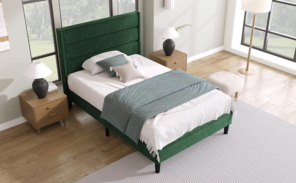 Stoppad säng 90 x 200 cm, Sängram med ribbotten & Huvudgavel, Sammetstygöverdrag i Mörkgrönt, Tidlös Modern Design, Ungdomssäng
