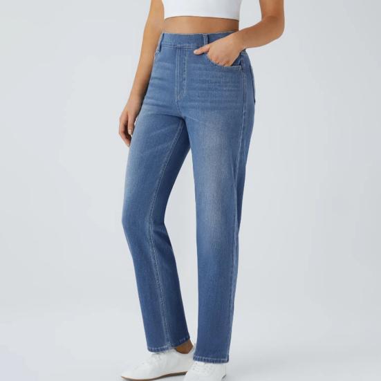 Women's Straight Leg Jeans Pull-On High Waisted Cropped Denim Pants Stretchy Ankle Jeans for Daily Wear Outings