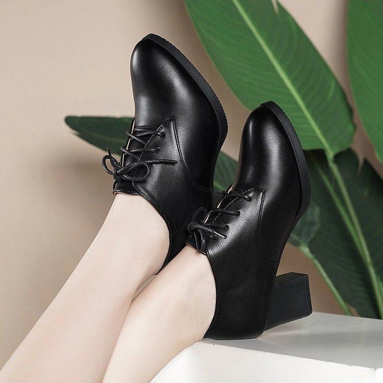 Round head high heels single shoes autumn new temperament lace-up deep mouth waterproof table