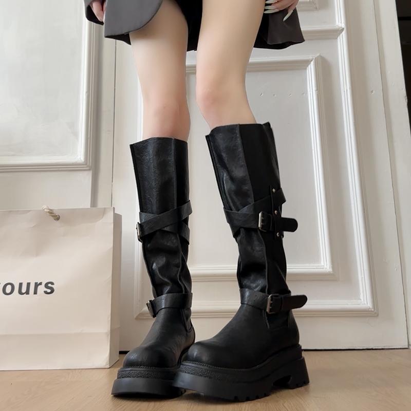 Designer Women Knee High Chelsea Boots Chunky Platform Goth Fad Heeled Shoes 2025 Winter New Casual Woman Mid Heels Long