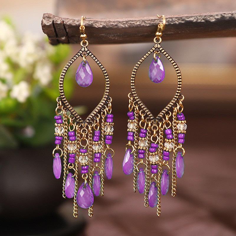 New Chinese Bohemian Long Crystal Tassel Earrings Exaggerated Ethnic Elegant Dangle Earrings For New Year Gift