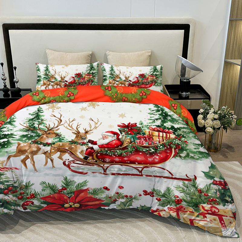 3PC Sled Elderly Duvet Cover Cute Elk Set Bedding Set (1Duvet Cover&2Pillowcases) Christmas Furniture Decor No Filler/Core