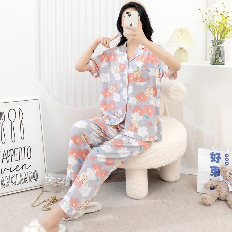 Cotton and silk pajamas women's spring and summer short-sleeved large-size suit spring and autumn thin cartoon printed loungewear